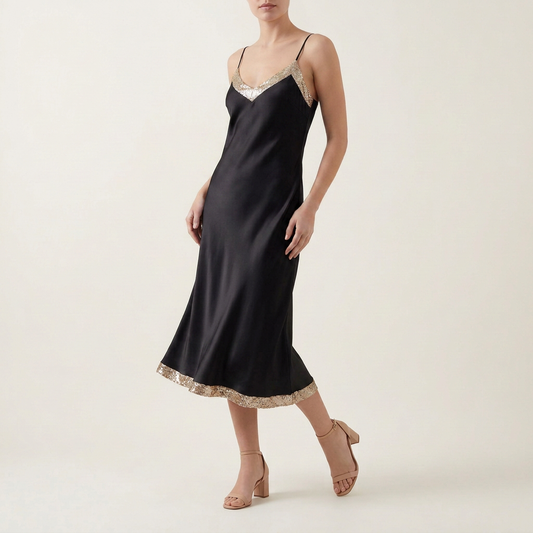 Champagne Sequin-Trim Slip Dress