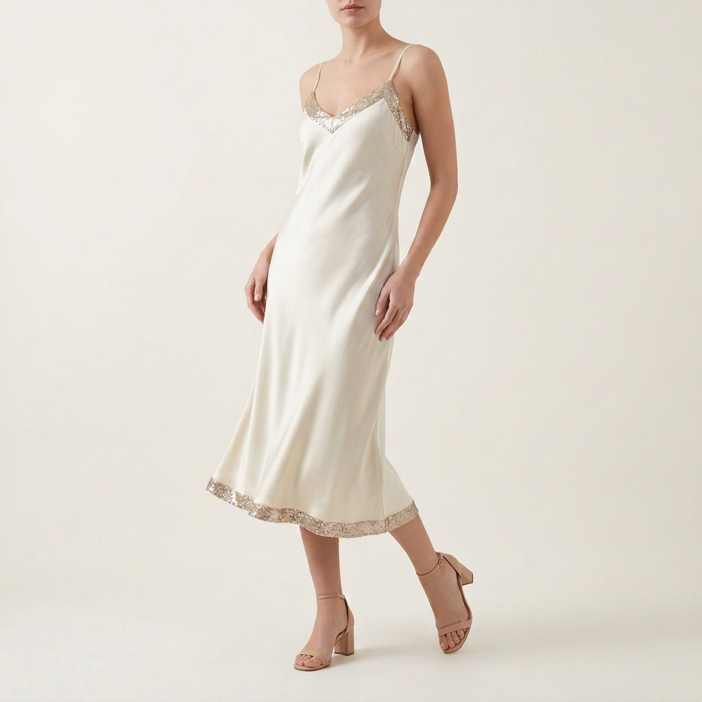 Champagne Sequin-Trim Slip Dress