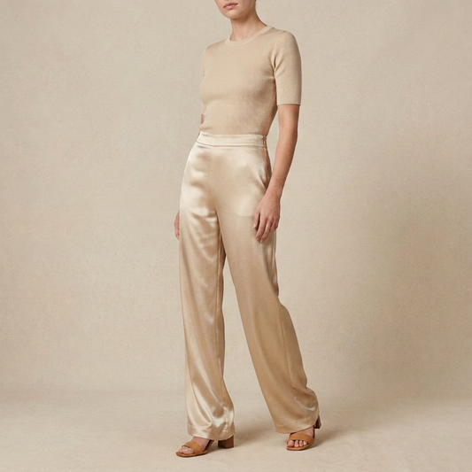 Ivory Satin Wide-Leg Pants