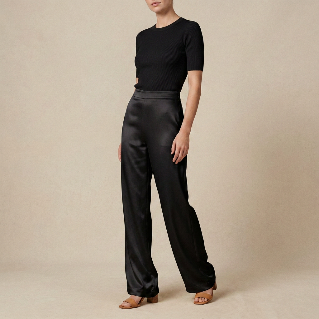 Ivory Satin Wide-Leg Pants