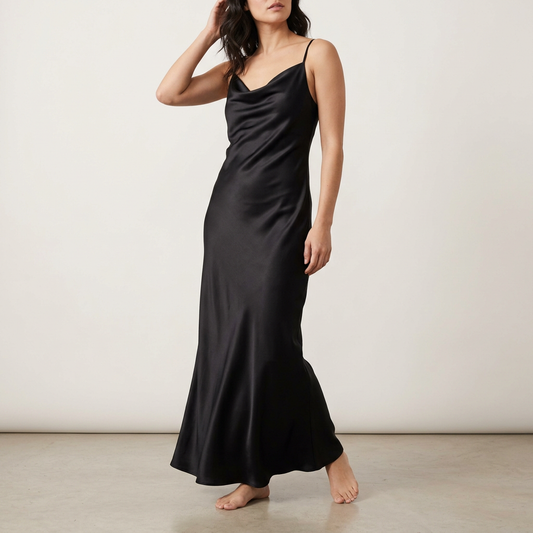 Black Satin Cowl-Neck Slip Dress