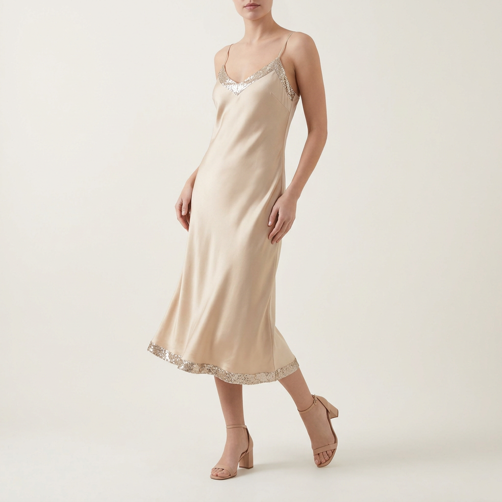 Champagne Sequin-Trim Slip Dress