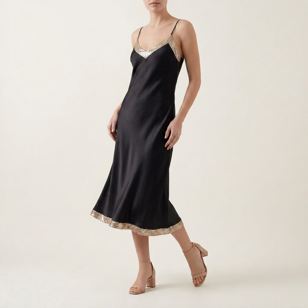 Champagne Sequin-Trim Slip Dress