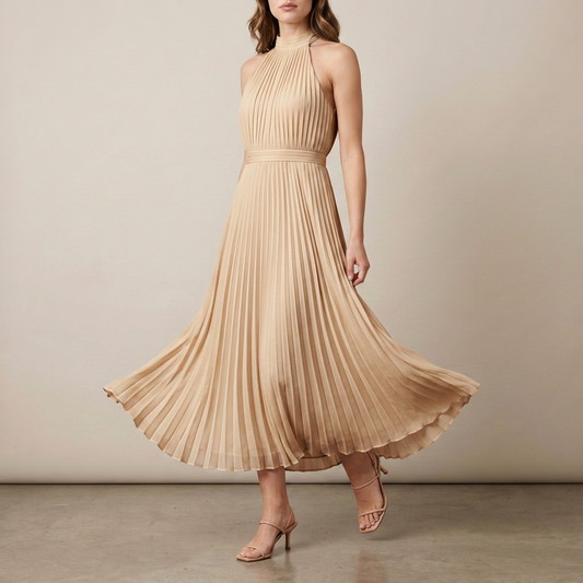 Ivory Pleated Halter Maxi Dress