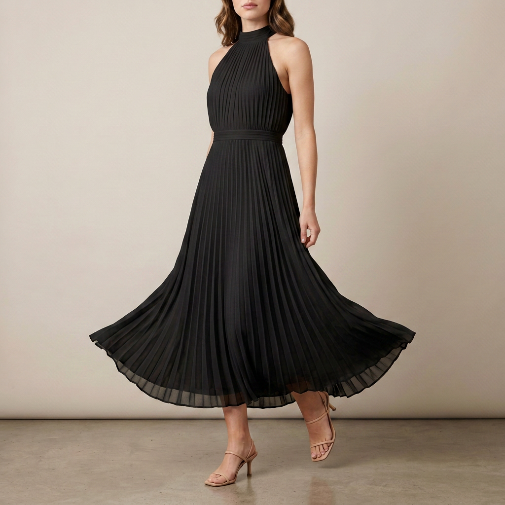 Ivory Pleated Halter Maxi Dress