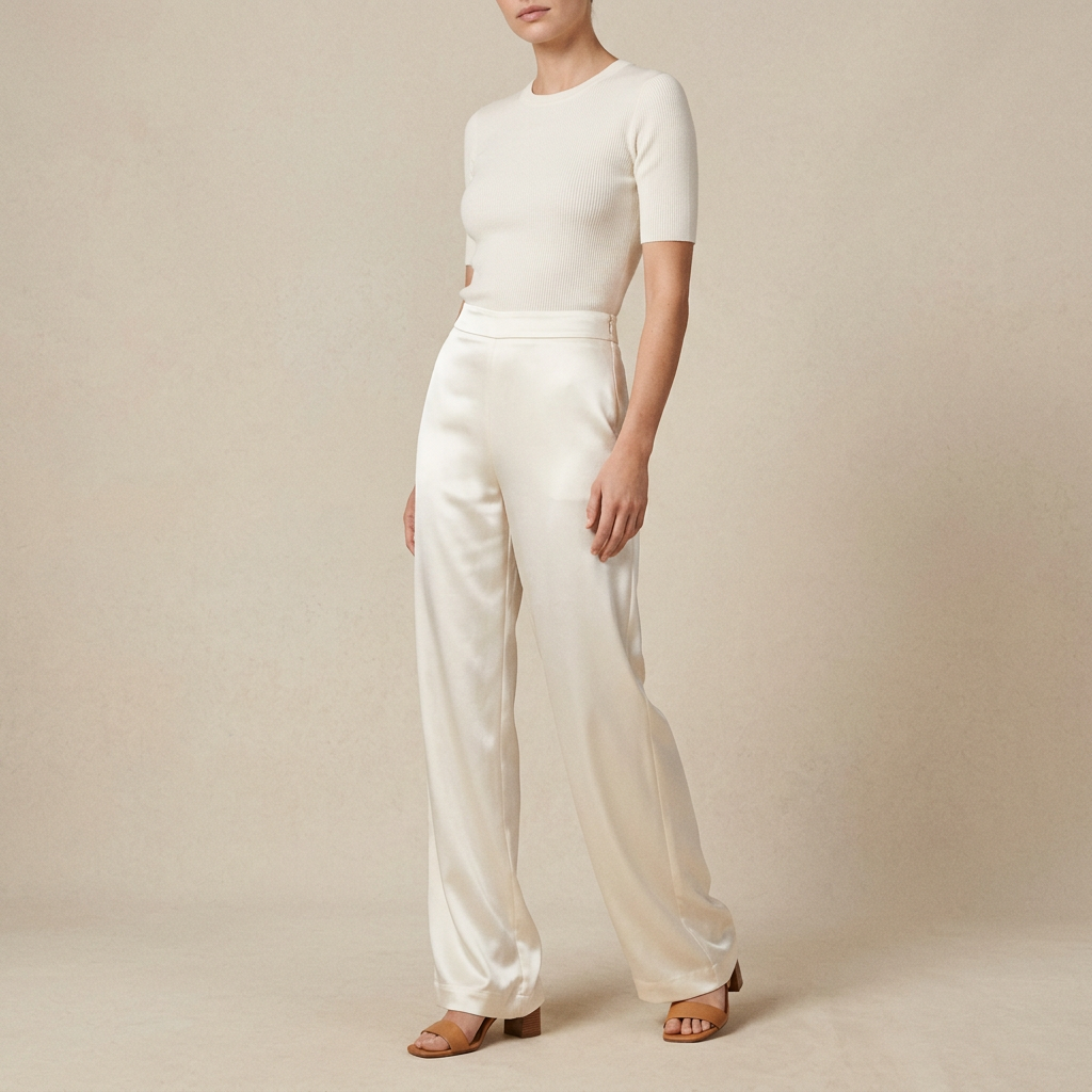 Ivory Satin Wide-Leg Pants
