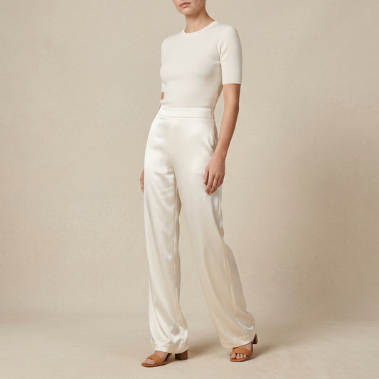 Ivory Satin Wide-Leg Pants