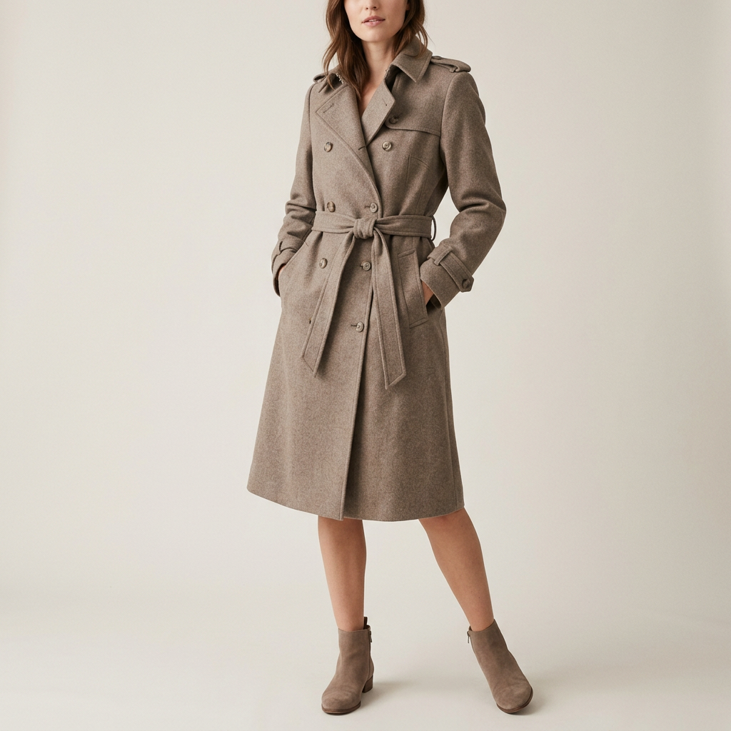 Taupe Belted Wool Trench Coat