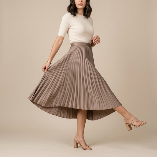 Taupe Pleated Satin Midi Skirt