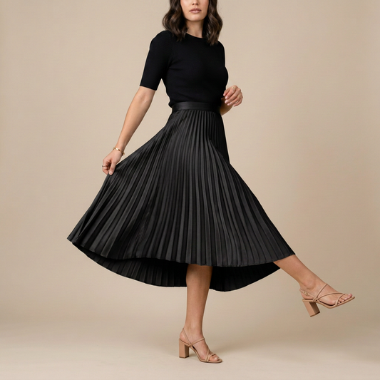Taupe Pleated Satin Midi Skirt