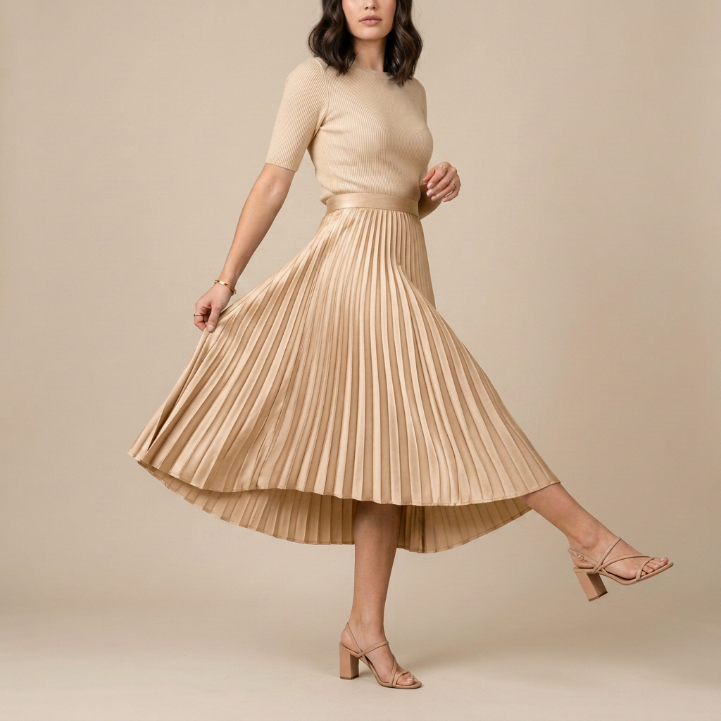 Taupe Pleated Satin Midi Skirt