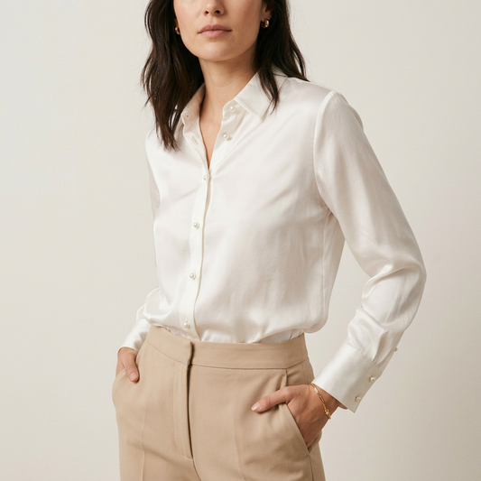 White Silky Button-Down Blouse
