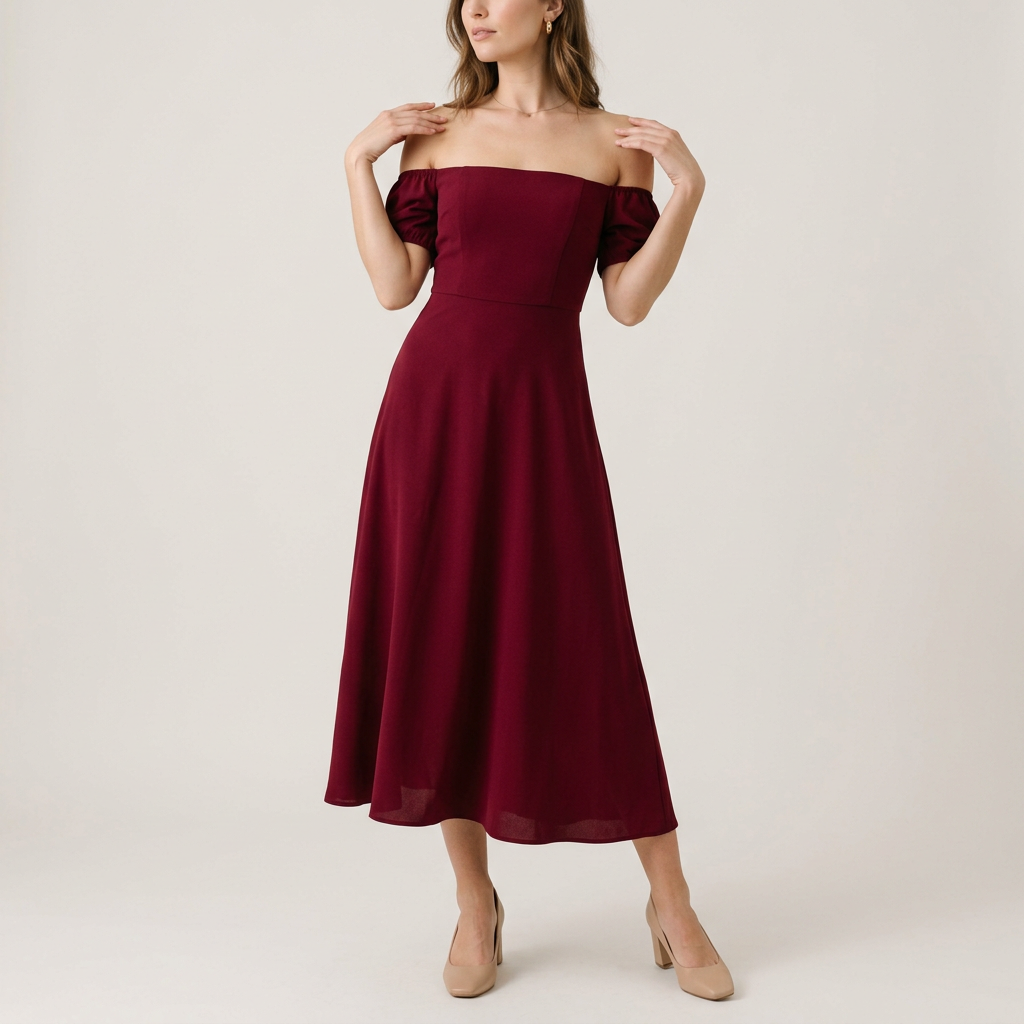 Wine Red Off-Shoulder Midi Dress